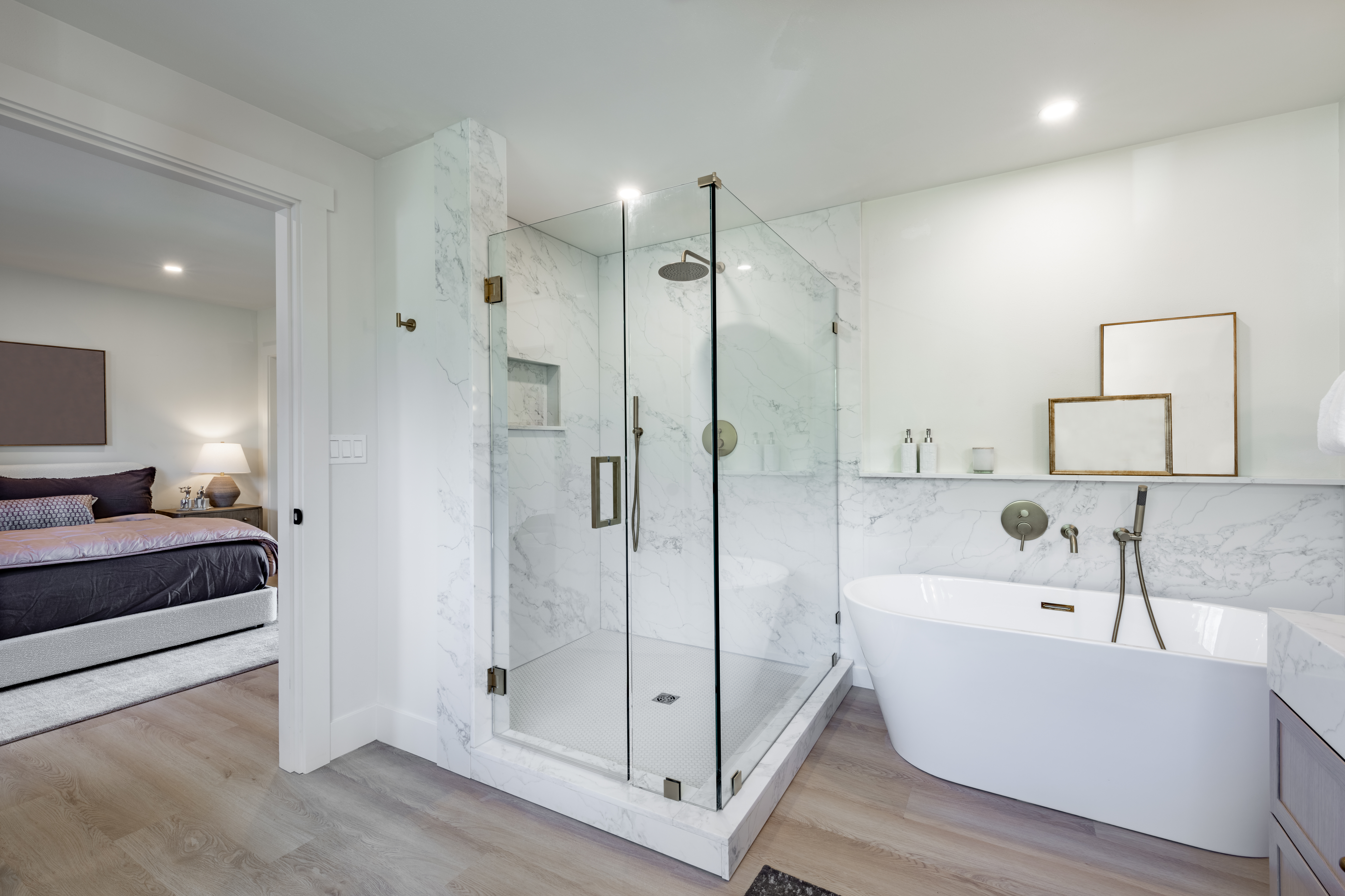 Marble shower with freestanding tub