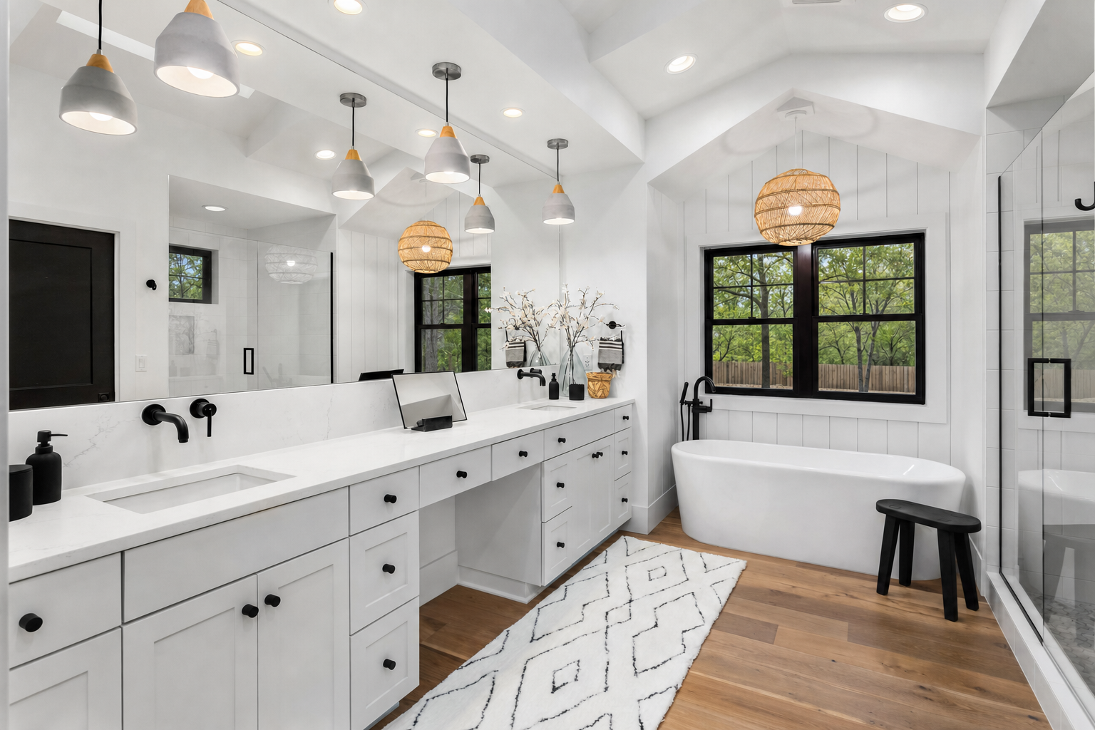 White master bath with freestanding tub